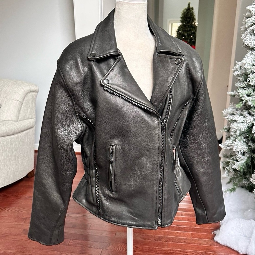 80s 90s‎ 2000s IK Leather Cable Knit Cinched Waist Leather Jacket Size XL